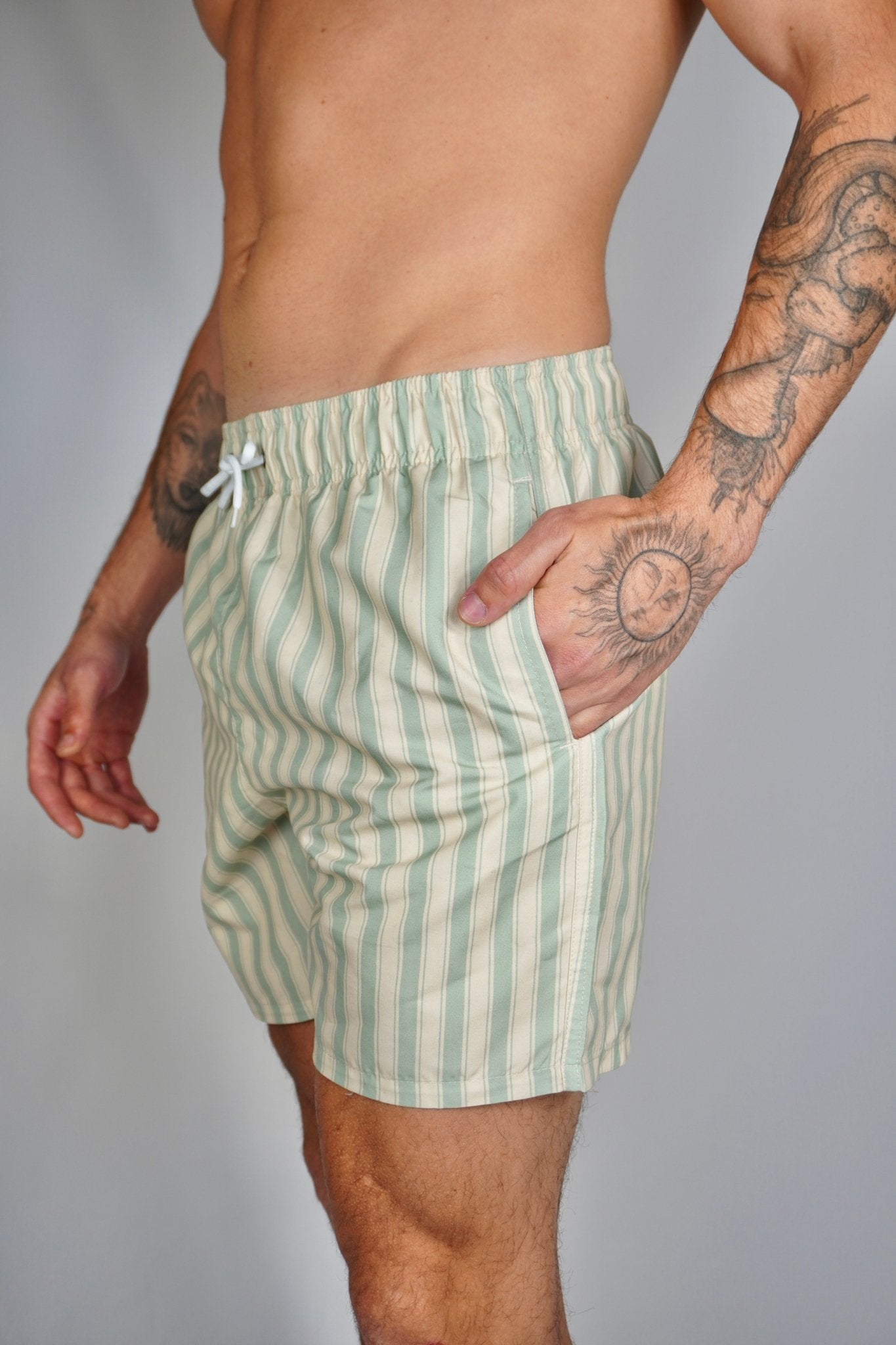 Sage Green Stripe Swim Shorts - SANTE Swimwear